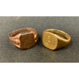 An 18ct gold gentleman's signet ring, 9.1g; another 9ct, 4.2g (2)