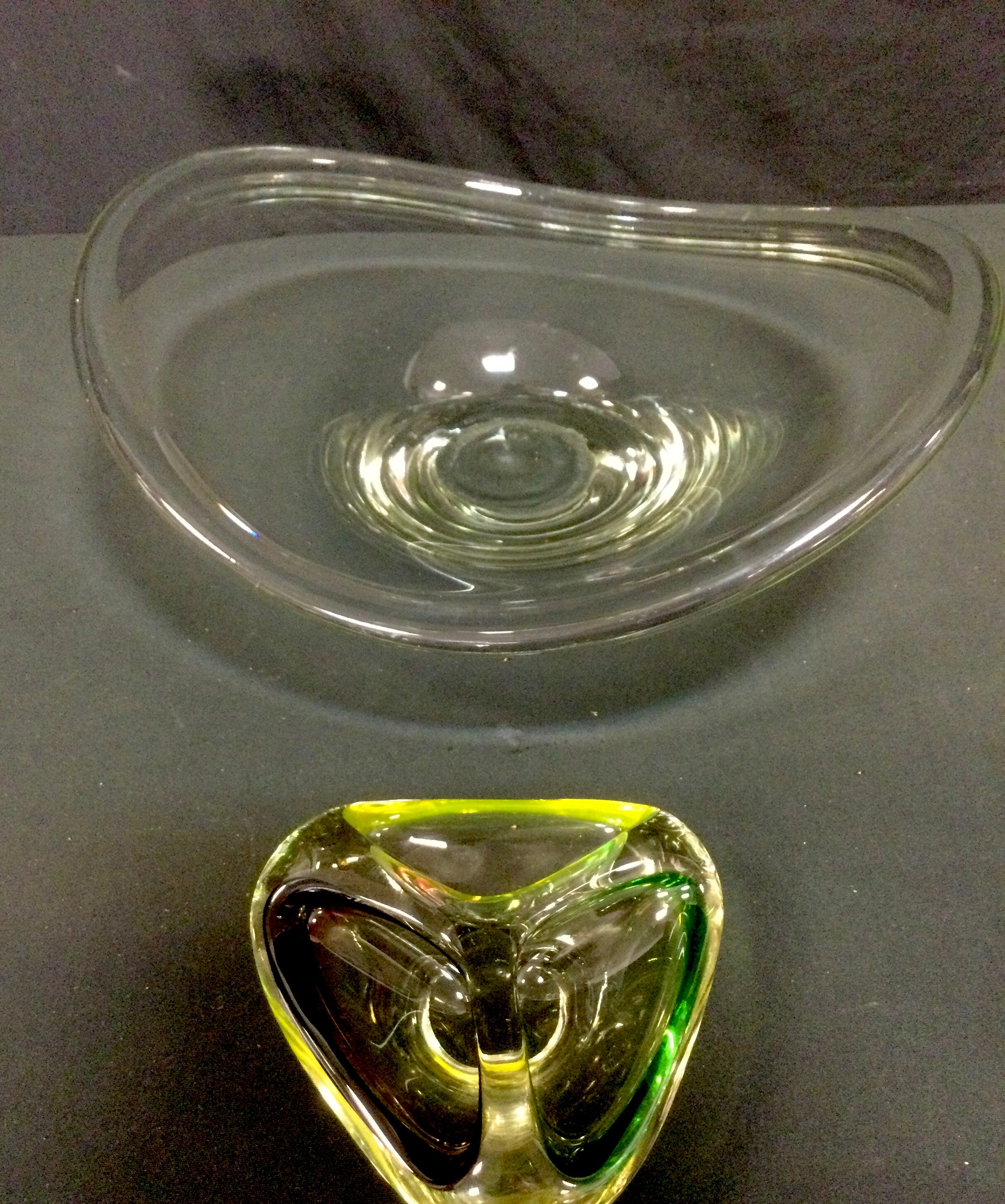 A Holmegaard studio glass shaped oval bowl, signed, 38cm long; a Murano tri colour bowl (2)