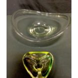 A Holmegaard studio glass shaped oval bowl, signed, 38cm long; a Murano tri colour bowl (2)