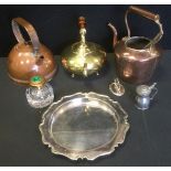 A 20th century brass and clear glass desk well; a Victorian copper kettle; plated ware; etc