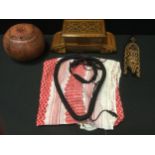 A Sorrentoware inlaid musical jewellery box; carved gourd vessel; Arabian headdress etc