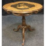 A 19th century Swiss shaped oval occasional table, carved frieze column and tripod base. 72cm
