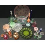 Coloured Glassware - a moulded green glass oyster dish; coloured bottles; decanter; etc