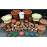 A large selection of garden pots, mostly terracotta, some stoneware and plastic, various sizes.