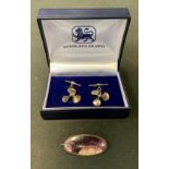 Sliver & Jewellery - a blue john oval pin brooch, a pair of sterling silver cufflinks in the form of