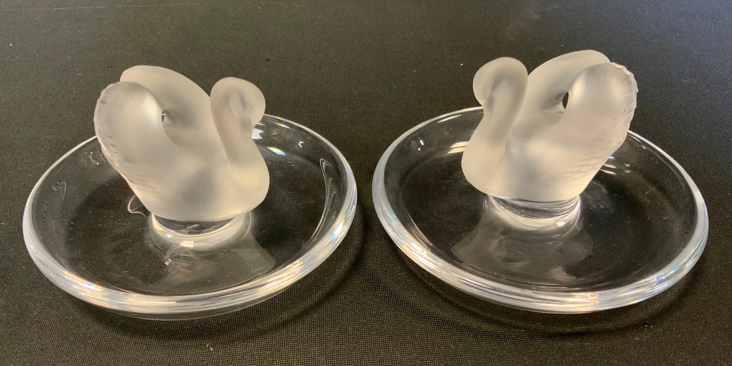 A Pair of Lalique Swan Ring Dishes/Pin Trays, 9.5cm diameter, (2).