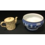 A Wedgwood yellow bamboo ware teapot, impressed marks; a pale blue jasperware footed bowl (2)
