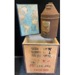 Advertising - a large Esso Blue motor oil dispenser; a tea chest box etc.