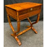 A Reproduction Burr Walnut veneer workbox table, rounded rectangular top, boxwood stringing,