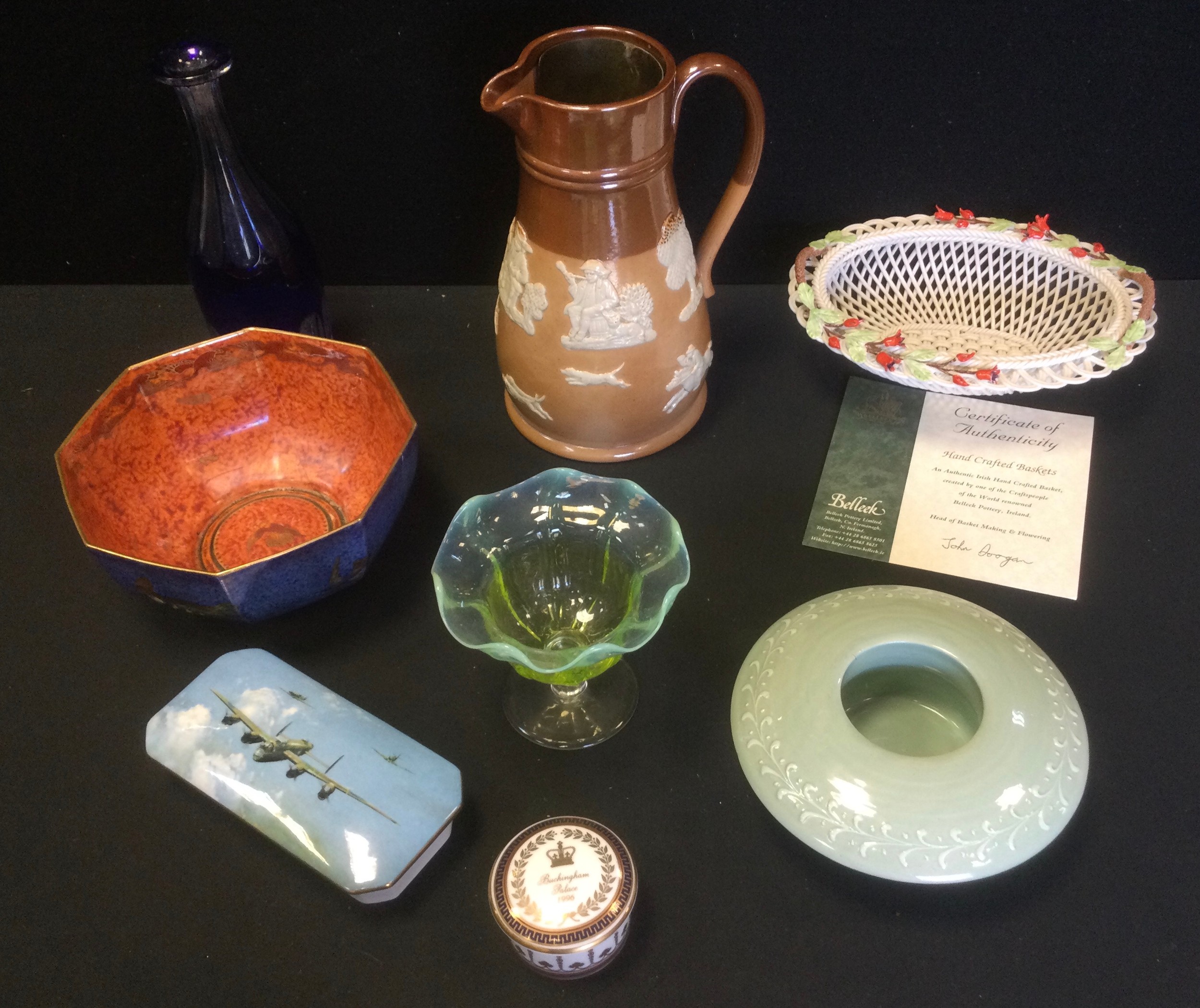 A Victorian Vaseline glass flower posy vase, c.1860; a Belleek two strand basket, the rim with