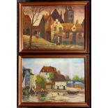 Naive School (mid 20th century), 'The Old Mill' and 'Village Street Scene', oils on canvas, each