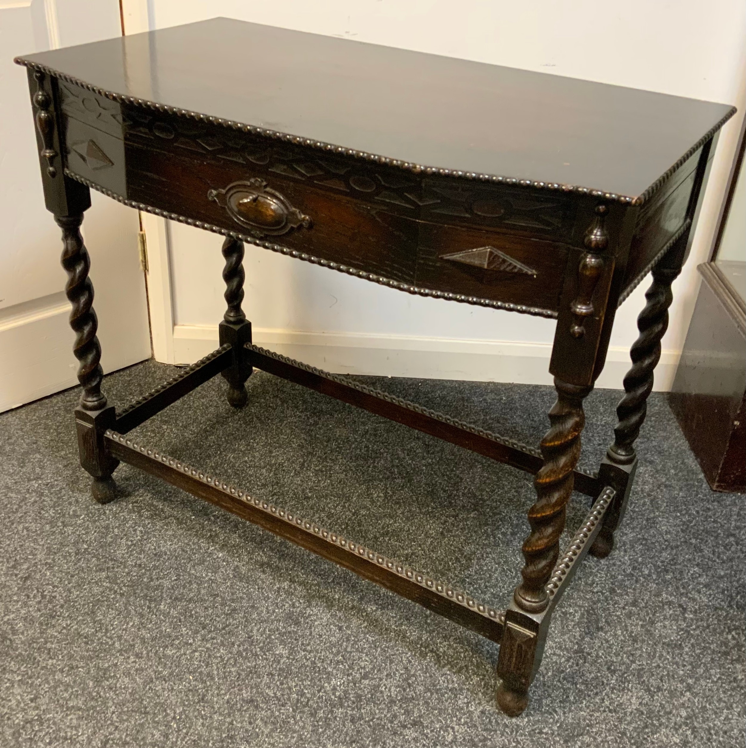 An oak floor standing cutlery cabinet, barley twist legs, 83cm wide, c.1930