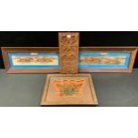 A pair of Chinese cork pictures, 11cm x 52cm; a Chinese door handle, framed; carved hardwood panel