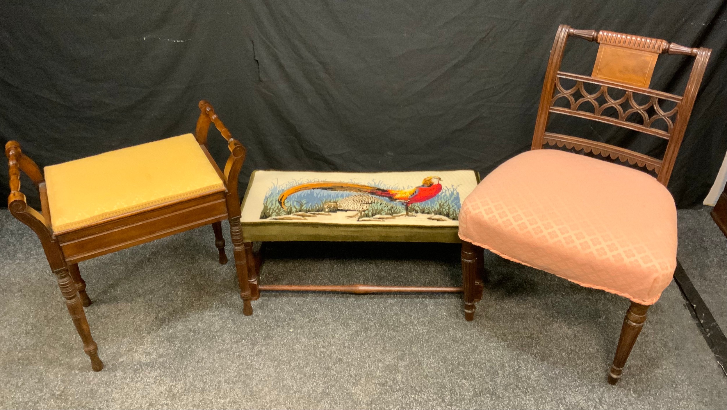 An Edwardian Mahogany Piano Seat; a 19th century oak long foot stool, tapestry cushion; a late