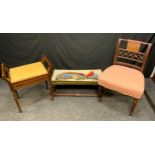 An Edwardian Mahogany Piano Seat; a 19th century oak long foot stool, tapestry cushion; a late