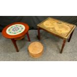 A mid 20th century teak occasional table, with central alabaster pietra dura plaque inlayed with