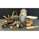 A cast iron cauldron saucepan, preserve pan, Coffee grinder, mincer etc.