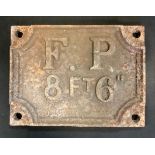 A rectangular cast iron plaque, F.P 8ft 6", 19cm x 25.5cm