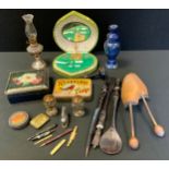 An Ogdens Redbreast advertising tin; another; glass oil lamp, tribal spoon etc