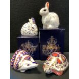 A Royal Crown Derby paperweight Snowy Rabbit, another Rabbit, both gold stopper & boxed; others