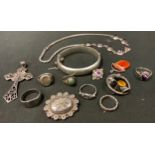 Silver Jewellery - a 925 silver purple cabochon seven panel necklace; hollow hinge bangle; brooches,