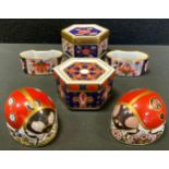 A Royal Crown Derby Ladybird paperweight; another; 1298 pattern hexagonal trinket box and cover,