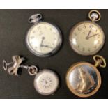 A ladies silver open face fob watch, ornate dial and case, Roman numerals, button wind movement,