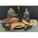 Boxes and Objects - a copper kettle, brass scales, glass water filters, jelly mould etc