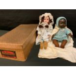 A German Wiefel & Co bisque head shoulder doll, sleeping eyes, open mouth, auburn pigtailed hair,