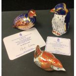 A Royal Crown Derby paperweight, Partridge, gold stopper, boxed; others, Manifold Wren; Penguin (3)
