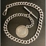 A graduated link Albert chain, T bar, 1840 one Rupee coin terminal,38.5cm long, 71g gross