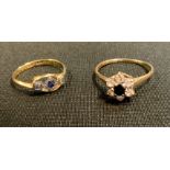 An Art Deco style sapphire and diamond ring, 18ct gold and platinum mount, 1.4 G; another 9ct gold