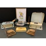 Boxes & Objects - a vintage Olympia portable typewriter; another Brother; treen animals, purses,