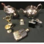 Silver & Silver plate - a silver plated glass hip flask, others; silver topped inkwell; globular