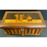 A 19th century Sorrento ware marquetry book box, decorated with dancing musicians, signed Ricardo,