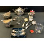 A Silver plated three piece gradrooned tea service, Cocktail set with stand, flatware etc