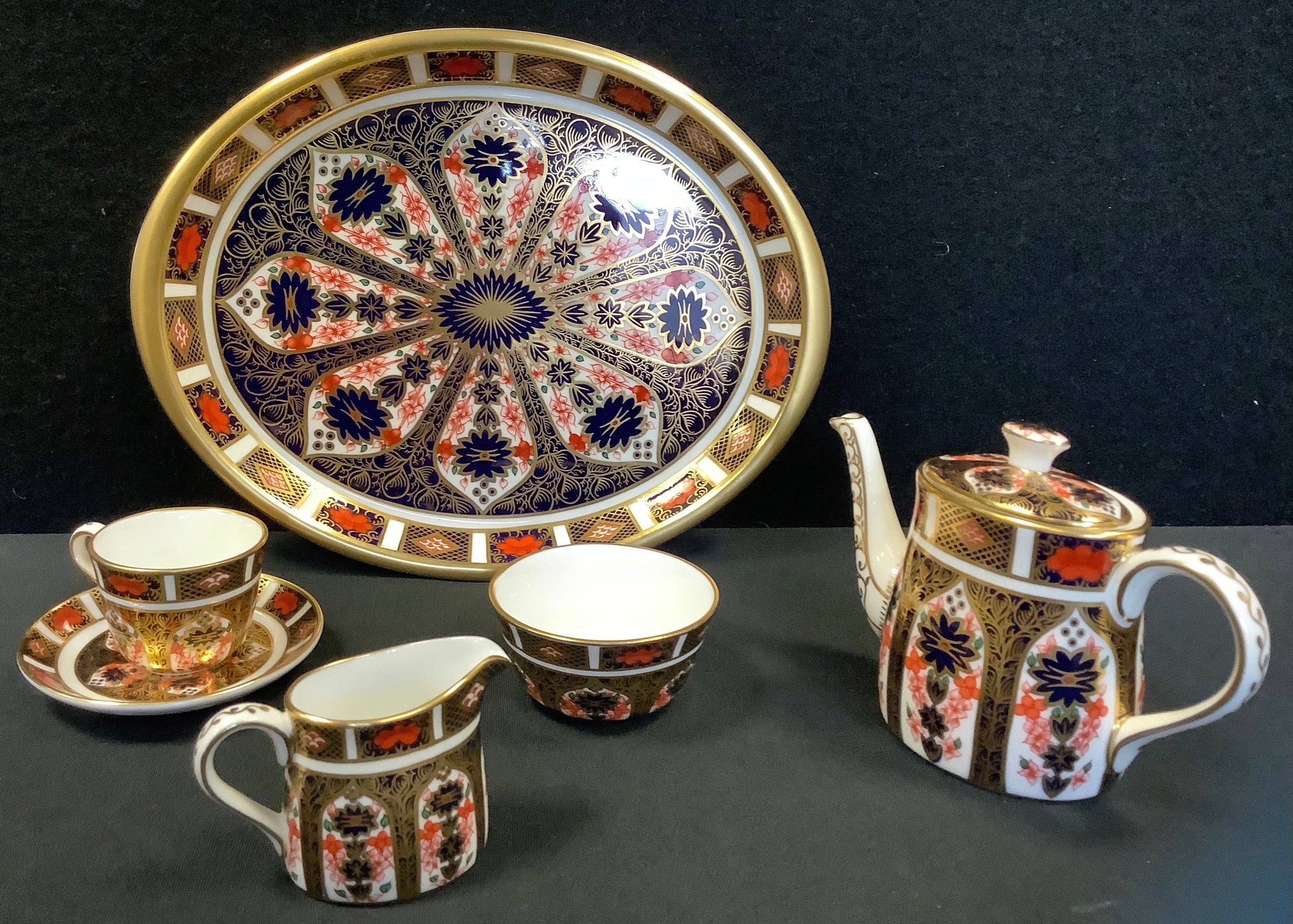 A Royal Crown Derby miniature bachelors tea set on tray, inc teapot, milk jug, sugar bowl, cup,