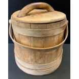 A Wooden stave built tapering pail and cover, with handle, 31cm high.