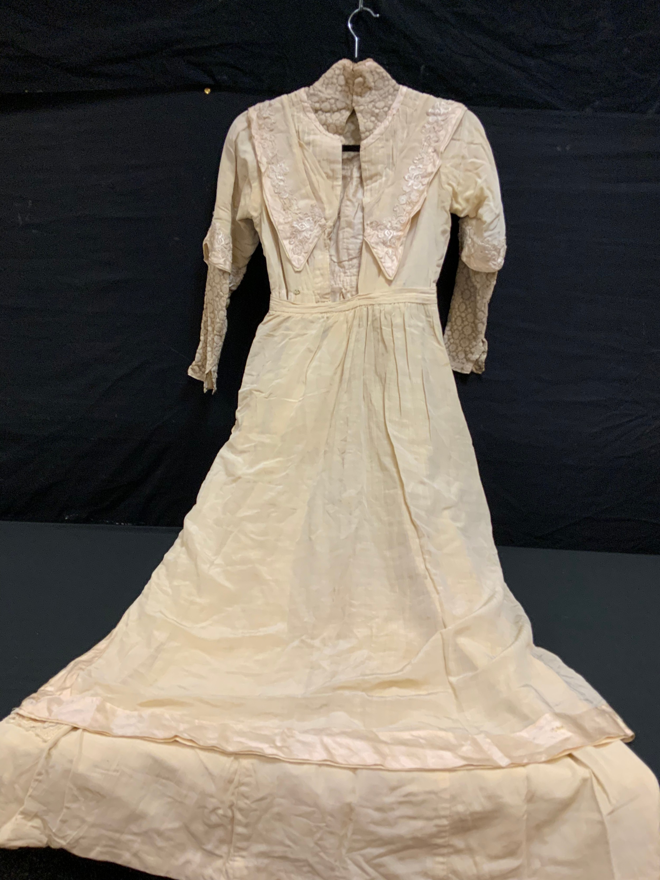 Fashion & Textiles - a Victorian hand made wedding gown, high collared lace neck, embroidered floral - Image 2 of 3