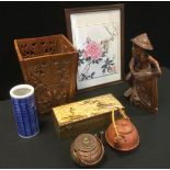 Chinese Objects d'Art - a hardwood figure of a Cormorant fisherman; Japanese print; teapot;