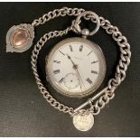 An Edwardian silver cased Waltham open face pocket watch, Birmingham 1908 suspended from a fancy