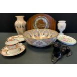 A Minton Haddon Hall vase; Masons Liberty vase and bowl; ; oak mantel clock etc