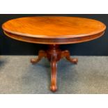 A Victorian mahogany circular breakfast table, turned base, three scroll legs, 115cm diam, c.1870