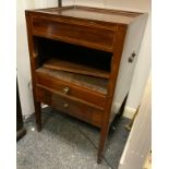 A George III style mahogany bedside cabinet, square top above a cupboard door and two short drawers,