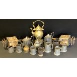 Metalware - A pair of late 19th century coaching lamps; brass spirit kettle; tea pot etc.