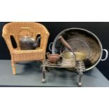 Metalware - a cast iron copper and brass 5 pints oval kettle; preserve pan, wrought iron rack;