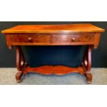A Victorian Mahogany Console Table, rectangular top, over a pair of short drawers, lyre-shaped