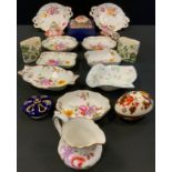 Royal Crown Derby Honeysuckle pattern oval trinket box and cover, posies jug, pair of bonbon dishes,