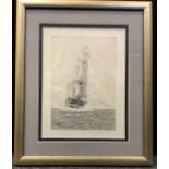 Rowland Langmaid (1897-1956), By and After, Tall Ship at full sail, signed, engraving, 25cm x 17.