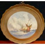 J. Hill (19th century english school), 'Full Sail on Choppy Seas', signed, watercolour, circular, 50